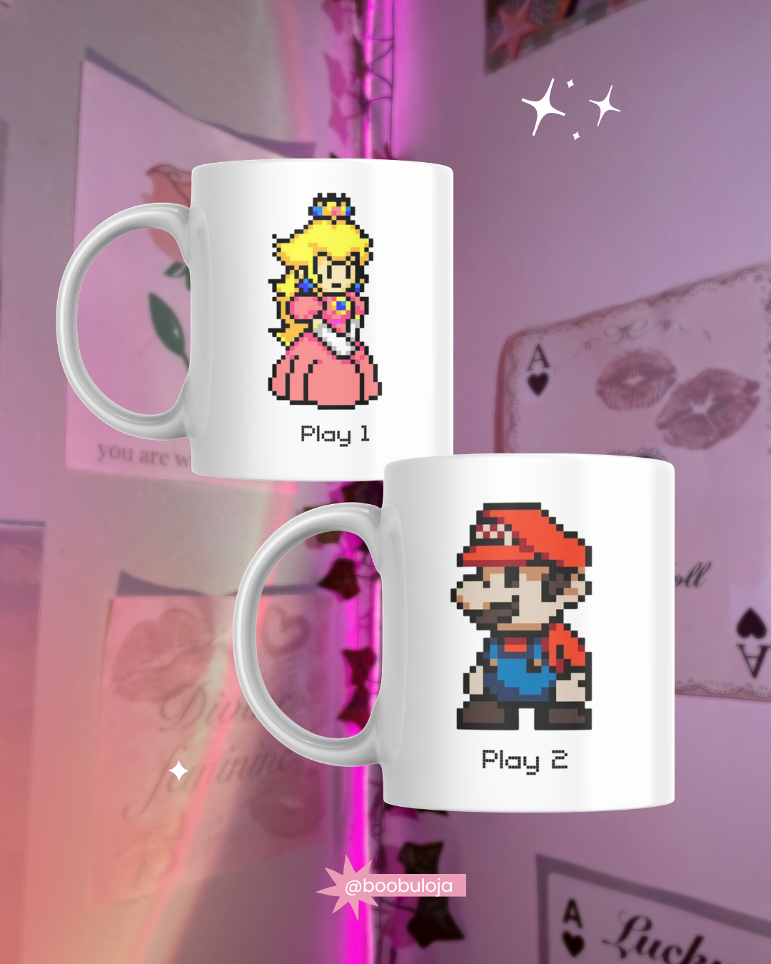 Kit caneca Mario e princesa Peach
